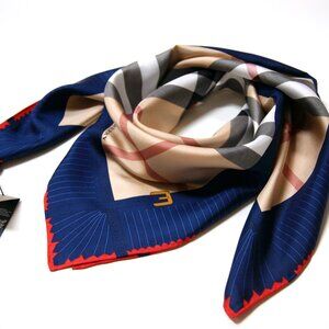 New Burberry Scarf Iconic Beige Check Blue Border Silk Wrap